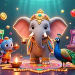 Gagnez sur un casino en ligne France avec cette illustration vibrante mettant en scène un éléphant coloré et une ambiance festive.