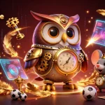 Immagine dinamica dei migliori siti scommesse con un gufo viaggiatore del tempo e un topo meccanico, circondati da elementi di gioco.