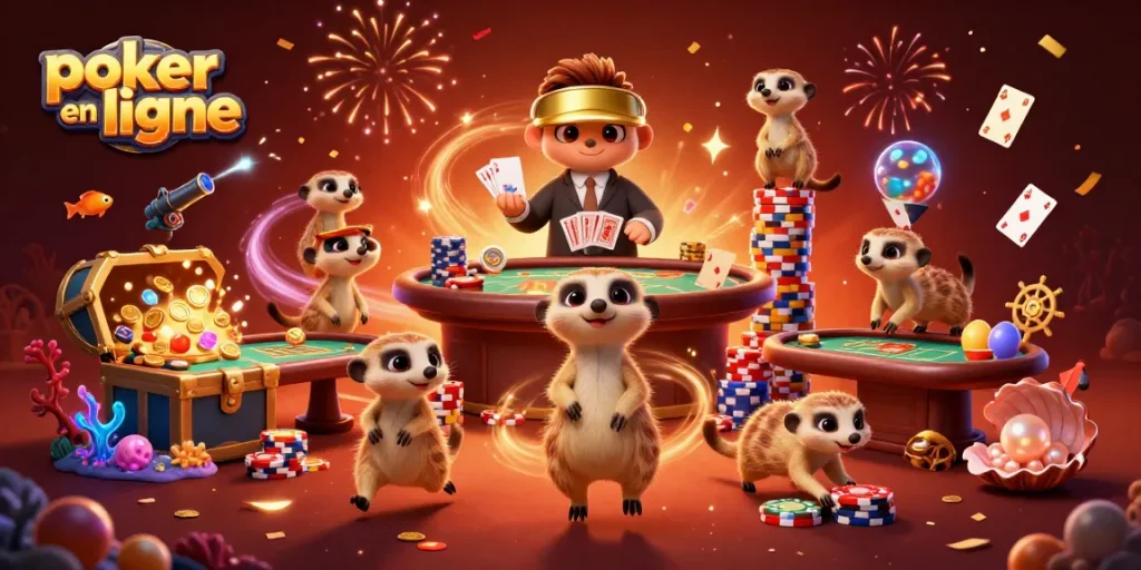 Jouez au poker en ligne avec des meerkats dans cette illustration cartoon dynamique.