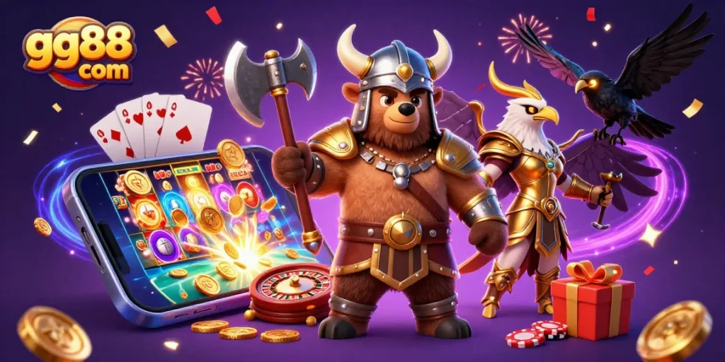 Spin the reels at gg88 com with Viking berserker, Valkyrie eagle, and radiant game elements.