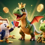 Jouez à des jeux de casino en ligne France avec un T-Rex amusant, cartes à jouer et jetons en or.