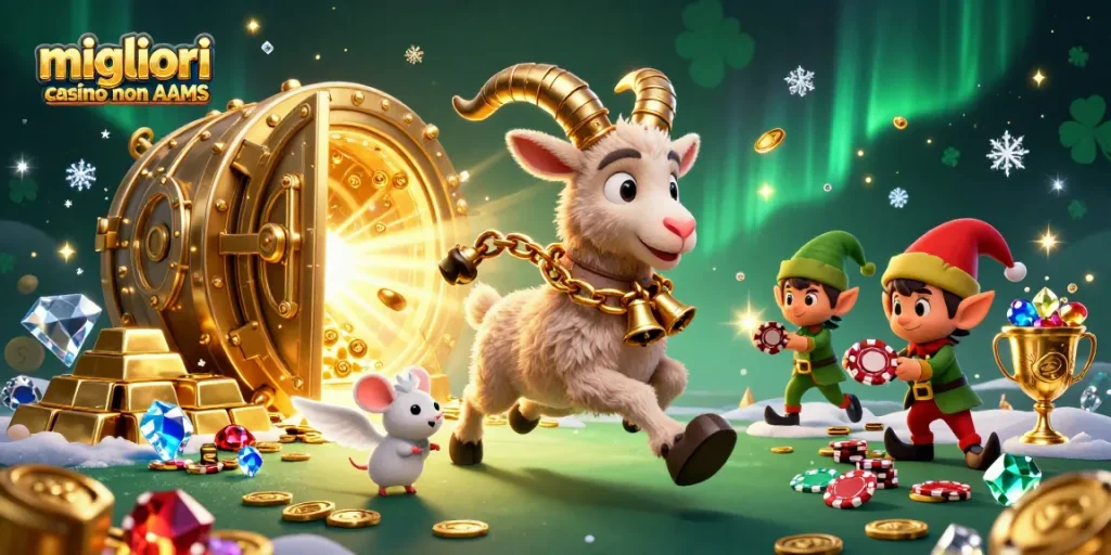 Migliori casino non AAMS con Krampus e elf gremlins che rubano fiches in un'atmosfera festosa e spaventosa.
