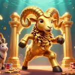 Jeux au meilleur casino en ligne avec un ram doré et des machines à sous scintillantes.