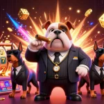 Profitez d'une expérience immersive avec le casino en ligne argent réel illustrée par un bulldog mafia et des gardes du corps.