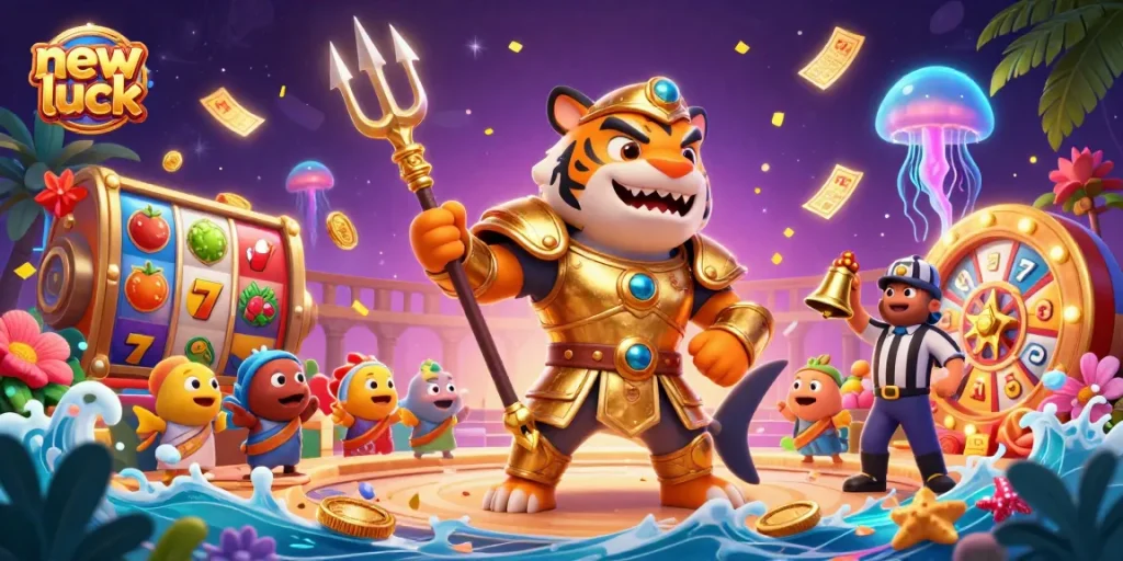 Experience big wins at new pk luck with a thrilling 3D illustration of a cartoon tiger shark amidst vibrant casino elements.