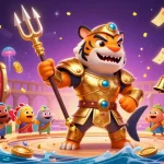 Experience big wins at new pk luck with a thrilling 3D illustration of a cartoon tiger shark amidst vibrant casino elements.