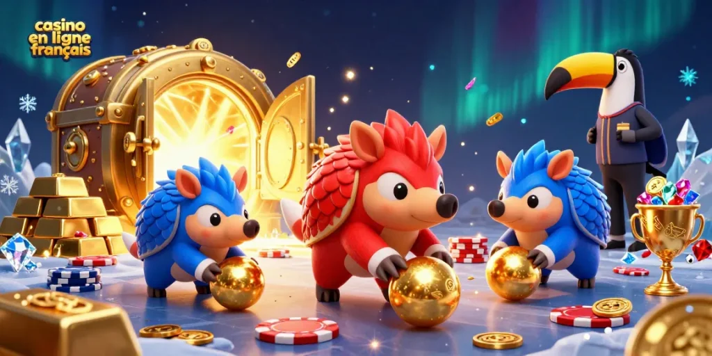 Les pangolins rivalisent aux jeux de casino en ligne français, entourés de trésors et de lumières scintillantes.