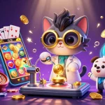 Go8's mad scientist cat creates riches in a vibrant casino-filled scene with golden coins and games.