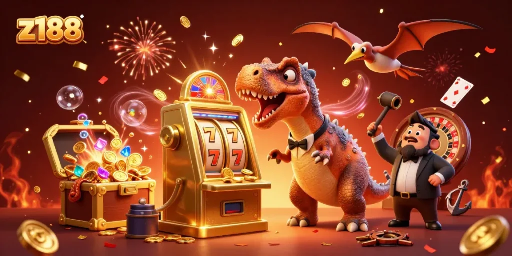 Experience the thrill at z188 with a pachycephalosaurus winning jackpots and an ankylosaur managing the casino!