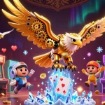 Illustration 3D représentant un casino en ligne France légal avec un aigle cybernétique et des éléments de jeu.