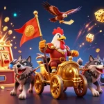 Illustration dynamique de casino en ligne France légal avec un roi coq et des éléments de jeux.