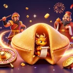 Illustration dynamique de casino en ligne France légal avec un cookie fortune doré et un dragon sage.
