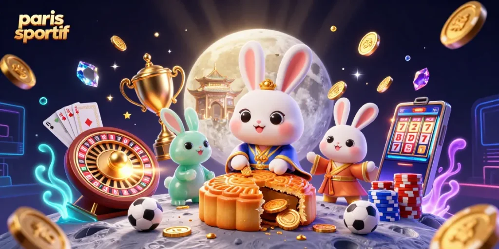 Visualisez paris sportif avec un lapin de la lune entouré d'éléments de paris sportifs scintillants.