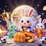 Visualisez paris sportif avec un lapin de la lune entouré d'éléments de paris sportifs scintillants.