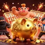 Gioca nei casinò sicuri non AAMS con il sumo dorato e gli elementi fortunati in un'illustrazione vivace.