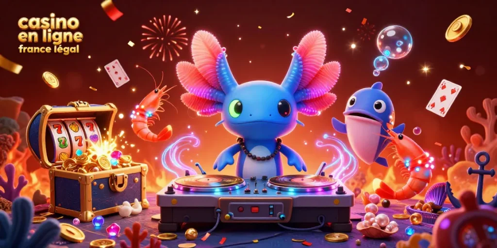 Profitez de jeux palpitants avec le casino en ligne France légal dans une illustration animée vibrante.