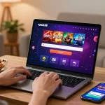 Rokok88 login on a laptop in a cozy living room, showcasing engaging online gaming.