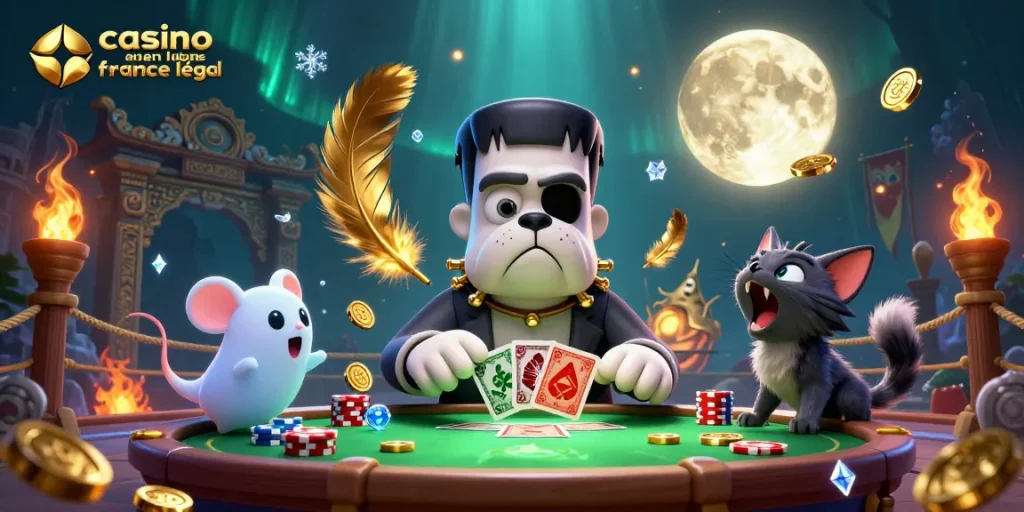 Jouez à casino en ligne France légal avec un bulldog Frankenstein et un chat loup à une table de poker intrigante.