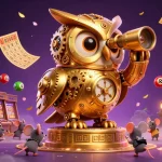 Des jeux de casino en ligne France légal sont mis en valeur avec un hibou d'horlogerie doré et des éléments ludiques.
