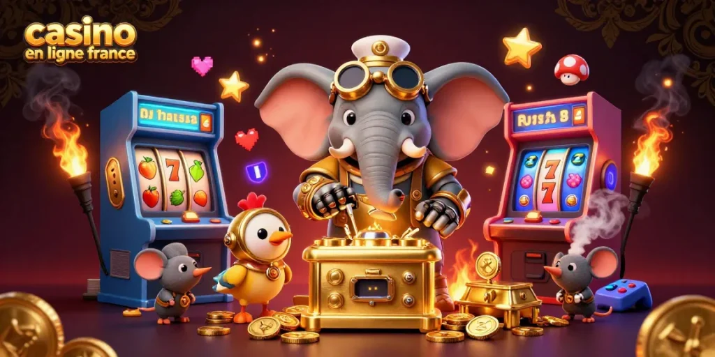 Attrapez des gains sur le casino en ligne en France avec un éléphant ingénieur, des machines à sous, et des effets lumineux.
