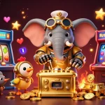 Attrapez des gains sur le casino en ligne en France avec un éléphant ingénieur, des machines à sous, et des effets lumineux.