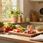 Healthy cooking scene with fresh ingredients and protein sources highlighting สล็อต nutrition.