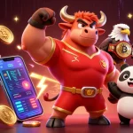 Un bull mascotte gagnant en jersey célébrant dans un casino en ligne France légal, entouré de monnaies crypto.