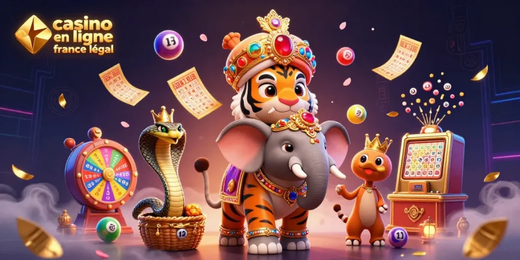 Jeux captivants au casino en ligne France légal avec un éléphant chatoyant, loterie et ambiance festive.