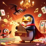 Illustration colorée représentant un casino en ligne retrait rapide avec un pingouin jouant de l'orgue qui dégage des pièces d'or.