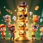 Experience the thrill of sun win in this vibrant 3D casino illustration featuring dynamic characters and cryptocurrency elements.