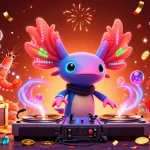 Découvrez le casino en ligne France légal avec une illustration de DJ axolotl vibrant et des éléments de machines à sous.
