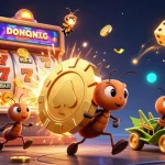 EE88's vibrant casino scene featuring ants in heist, slot machine jackpot explosion.