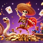 Événement festif au casino en ligne France légal, avec des personnages animés et des jetons scintillants.