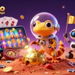 Découvrez le casino en ligne France légal avec un gecko martien et un robot dans une scène d'aventure ludique