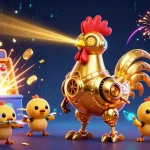 Illustration dynamique de casino en ligne légal en France avec des personnages robotiques et des machines à sous excitantes.