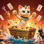 Engage with the vibrant world of online casino Saudi Arabia featuring a dynamic mummy cat in a lively pyramid scene.