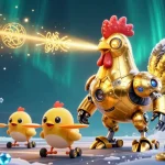 Pari sportif captivant avec un robot coq doré, drones suiveurs et éléments de paris.