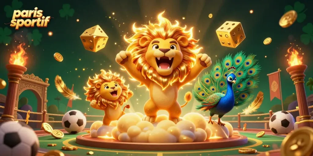 Pariez sur paris sportif avec une illustration colorée de lions, de dés dorés et d'une ambiance de casino.
