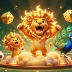 Pariez sur paris sportif avec une illustration colorée de lions, de dés dorés et d'une ambiance de casino.