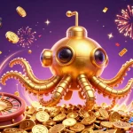 Profitez d'une aventure des crypto casinos avec un kraken doré entouré de jetons et de cartes.