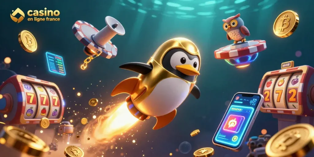 Le casino en ligne France s'anime avec un pingouin doré propulsé par des fusées, entouré de pièces et éléments de jeu.