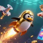 Le casino en ligne France s'anime avec un pingouin doré propulsé par des fusées, entouré de pièces et éléments de jeu.
