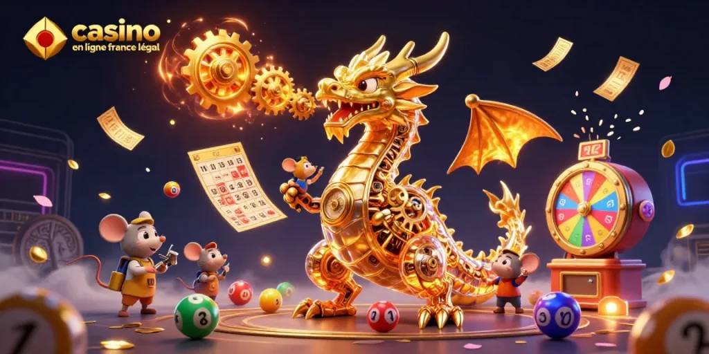 Illustration dynamique de casino en ligne France légal avec un dragon doré et des éléments de jeu pétillants.
