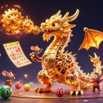 Illustration dynamique de casino en ligne France légal avec un dragon doré et des éléments de jeu pétillants.