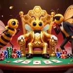 Jouer dans un casino en ligne légal en France avec un boss de la mafia abeille, entouré de gardes et de cartes.