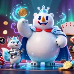 Explorez les casinos crypto avec un ours polaire royal et un renard en armure, entourés de jetons et de pièces.