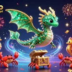 illustration dynamique du casino en ligne légal en France avec un dragon de mer et des éléments de loterie colorés