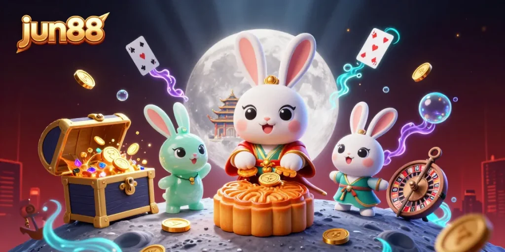 Experience the excitement of jun88 with a moon rabbit revealing poker chips while surrounded by treasure and gambling elements.