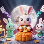 Experience the excitement of jun88 with a moon rabbit revealing poker chips while surrounded by treasure and gambling elements.