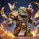 Image dynamique d'un golem gardien en jeu de casino en ligne, avec des éléments magiques et lumineux.